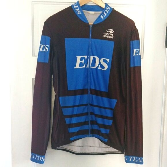 Vintage Aussie EDS TEAM Cycling Jersey with Blue Accents Full Zip Long Sleeves - Picture 1 of 11